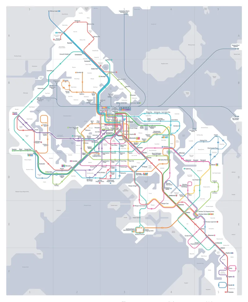 A stylized transit map with multiple colored lines and station names, resembling a subway or metro map of a large city, with lines intersecting and looping over a geographic background.