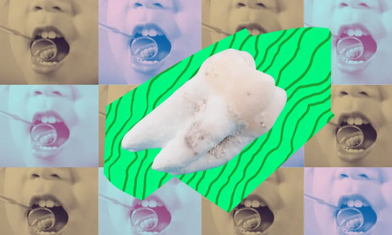 a bright green background and some tinted photos of a kid with a mirror in her mouth