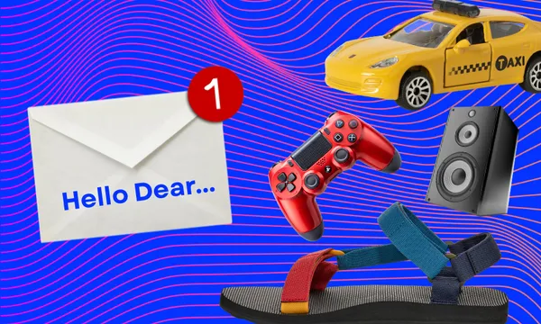An envelope labeled "Hello Dear..." with a notification badge, a yellow toy taxi, a red game controller, a black speaker, and a colorful sandal, all on a blue background with wavy pink lines.
