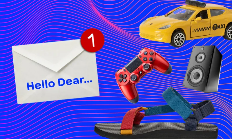 An envelope labeled "Hello Dear..." with a notification badge, a yellow toy taxi, a red game controller, a black speaker, and a colorful sandal, all on a blue background with wavy pink lines.