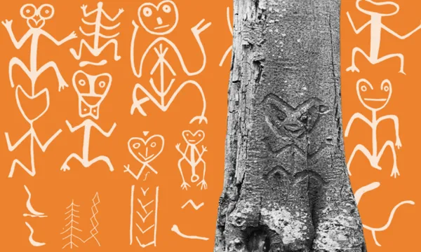 A tree trunk with a carved figure, shown beside white, stylized human and animal-like drawings on an orange background. The drawings resemble the carved figure on the tree.