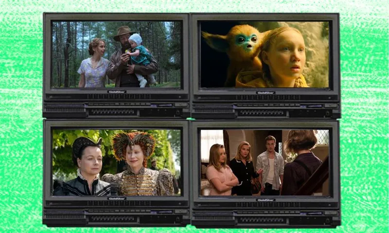 A lime green background with four television screens featuring the latest releases of the week