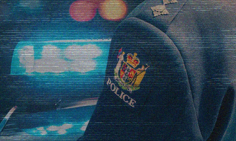 A close-up of a police uniform shoulder patch with a crest and the word "POLICE," with blurred blue and red lights flashing in the background. The image has a grainy, striped texture.