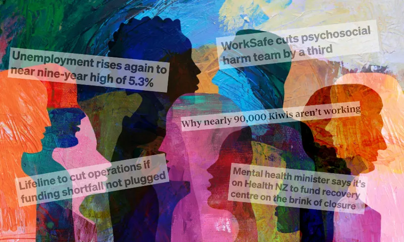 Colorful silhouettes of diverse faces are overlaid with news headlines about unemployment, mental health funding cuts, psychosocial harm, and economic struggles in New Zealand.
