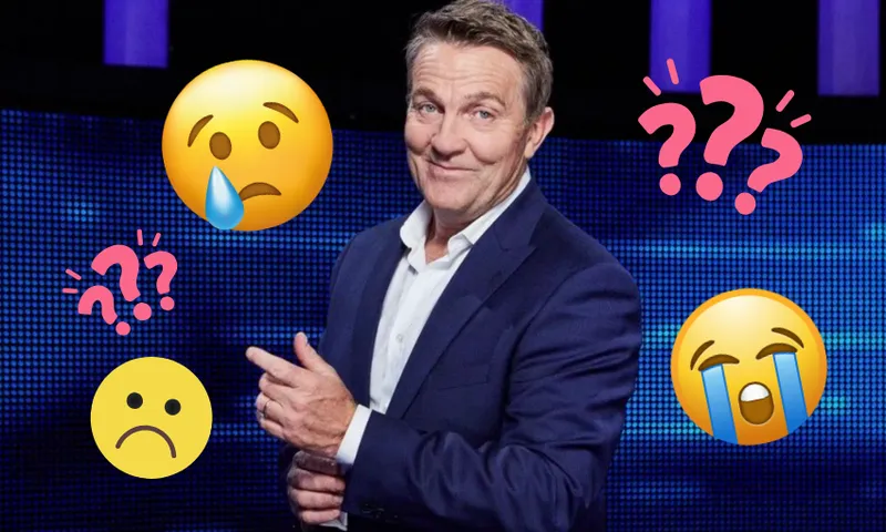 Bradley Walsh stands on the set of The Chase and smiles at the camera. Some sad face emojis and question marks surround him