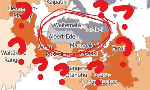 A map section highlights Waitematā, Ōrākei, and Albert-Eden in grey with a red hand-drawn circle around them and large red question marks over the map. Surrounding areas are labeled and shaded orange.