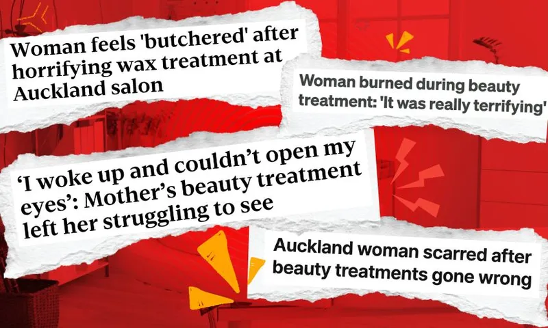 A beauty therapy clinic tinted red with several shocking headlines plastered over it, including "woman burned during beauty treatment" and "woman scarred after beauty treatment gone wrong"