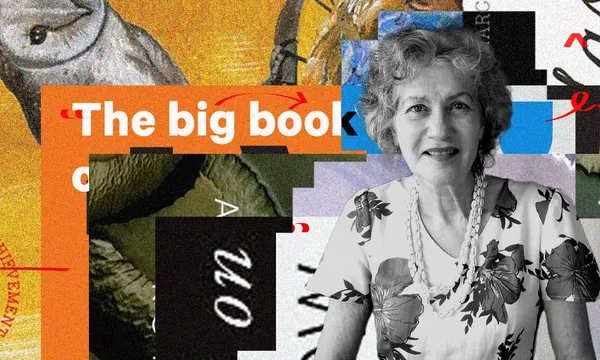 A black and white photo of writer Serie Barford who is an older woman with short hair, smiling and wearing a floral dress. Behind her is a collage of book covers.
