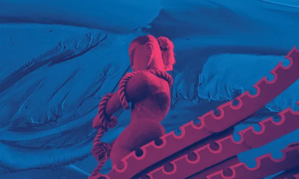 A stylised, reddish figure draped in thick rope stands against a blue, abstract, textured background with wavy patterns and curved, scalloped shapes in the foreground.