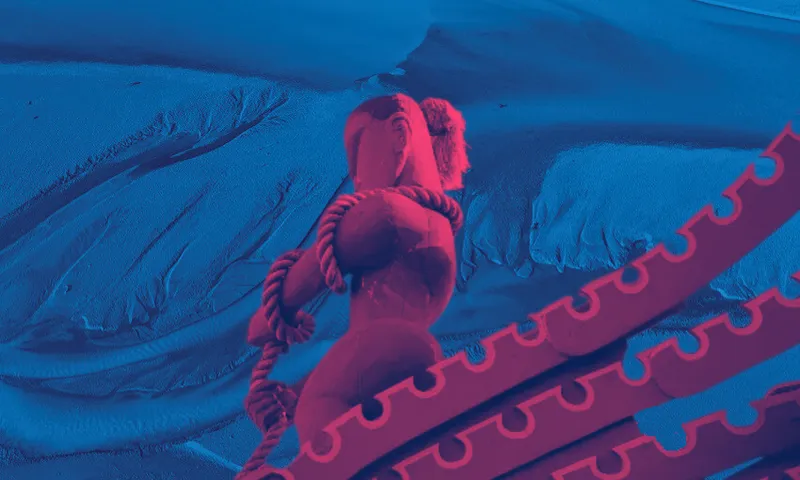 A stylised, reddish figure draped in thick rope stands against a blue, abstract, textured background with wavy patterns and curved, scalloped shapes in the foreground.