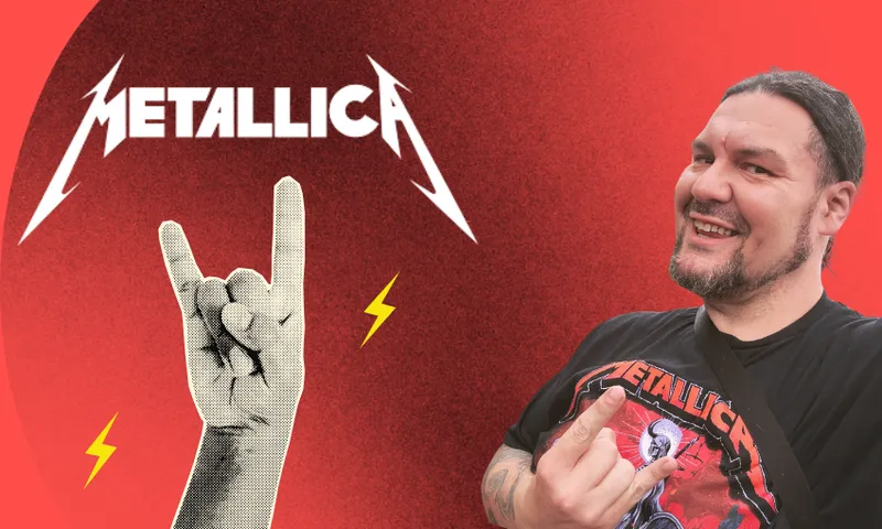A smiling man in a Metallica shirt makes the “rock on” hand sign. Next to him is a graphic hand also making the sign, yellow lightning bolts, and the Metallica logo on a red background.