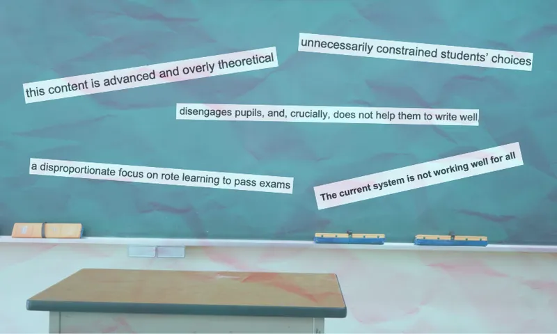 A classroom with a green chalkboard and a desk. Strips of text on the board criticize the education system, mentioning rote learning, limited choices, disengagement, and that the system isn't working for everyone.