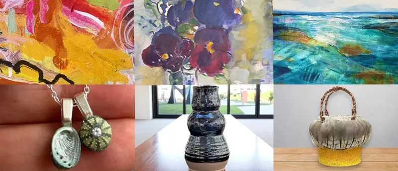 A grid of photographs of various works of art including vases and paintings.
