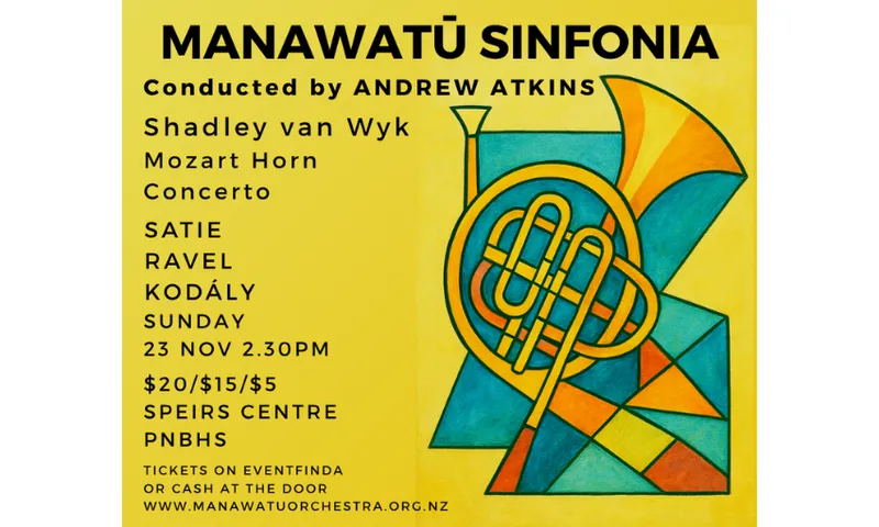 A promotional poster for the Manawatū Sinfonia which is yellow with black text and a painting of a french horn.