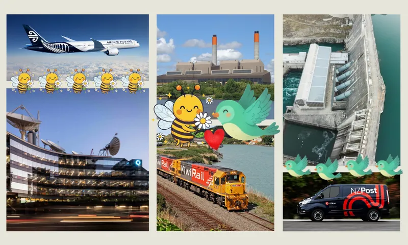 Some of New Zealand's publicly owned assets, with graphics of cartoon birds and bees.