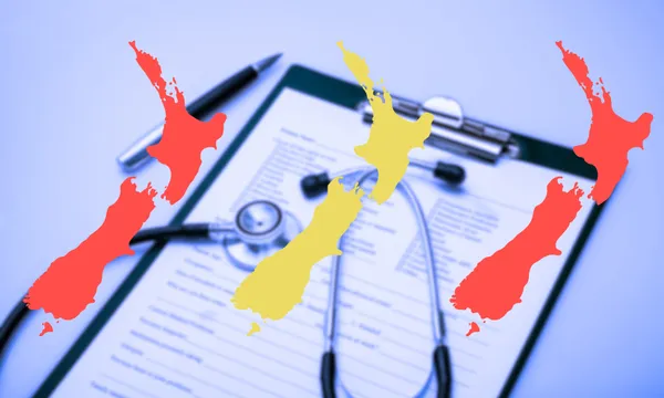 a doctor's form with three colorful outlines of new zealand superimposed on top