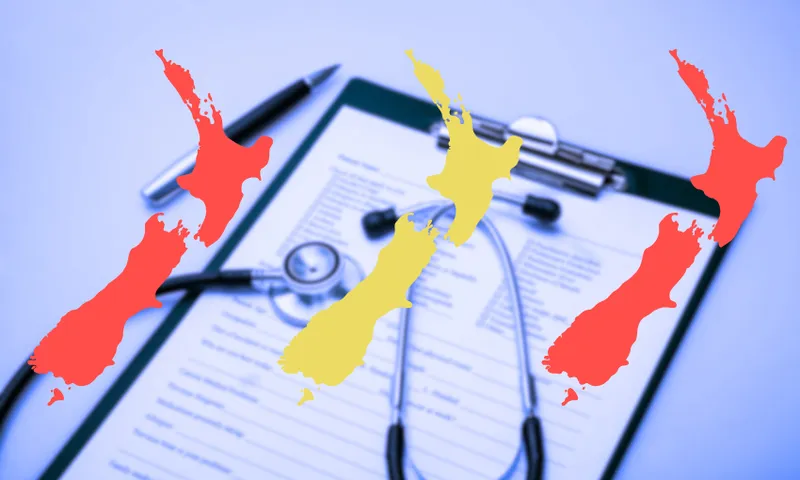 a doctor's form with three colorful outlines of new zealand superimposed on top
