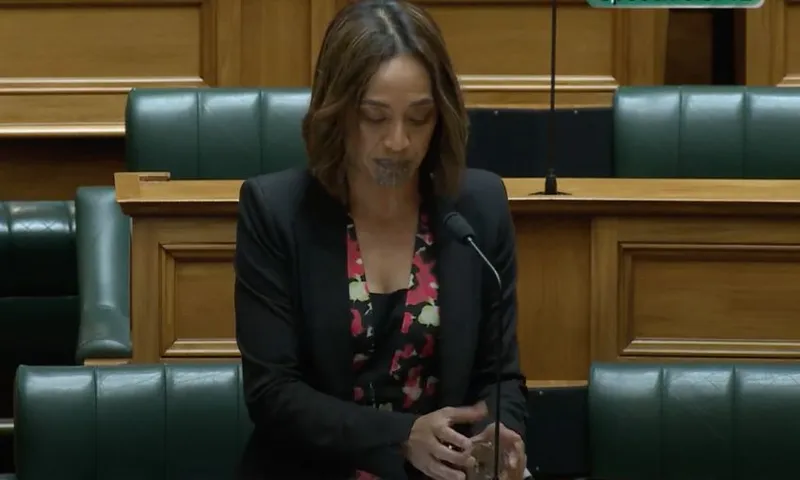 Oriini Kaipara stands behind in her bench in the House, catching a glass of water in her hands as it falls over.