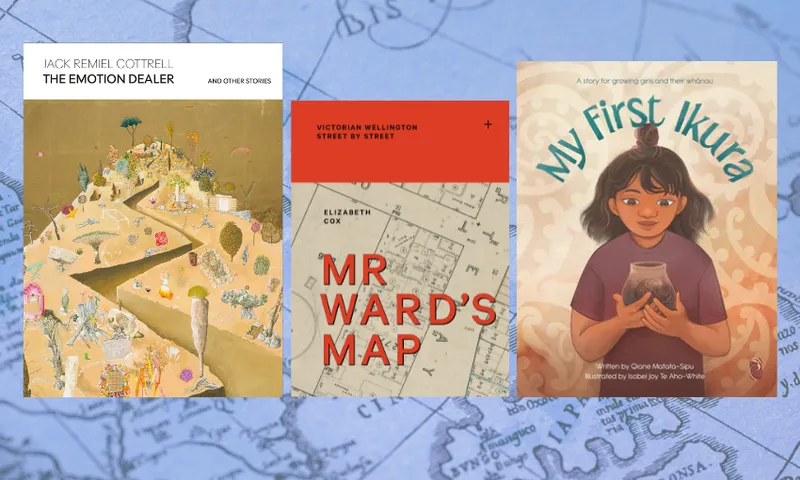 Three books side by side with a background of blue map print.