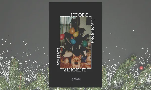 The cover of the novel Hoods Landing which has a photo of a Christmas Tree with balloons on it and an alsatian dog in front.