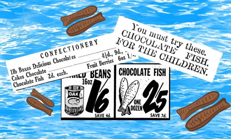 A cartoon sea background scattered with chocolate fish, inset with old chocolate fish ads