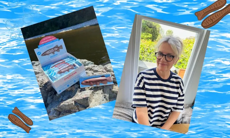 A cartoon sea background scattered with chocolate fish, inset with an image of The Chocolate Fish Company products and a blonde woman in glasses, Bridgette Yates
