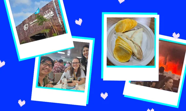 A collage features four polaroid-style photos: a building with a "Curitiba Brasil" sign, two people smiling at a table, a plate with chips and fruit, and a blurry indoor scene, all on a blue background with white hearts.