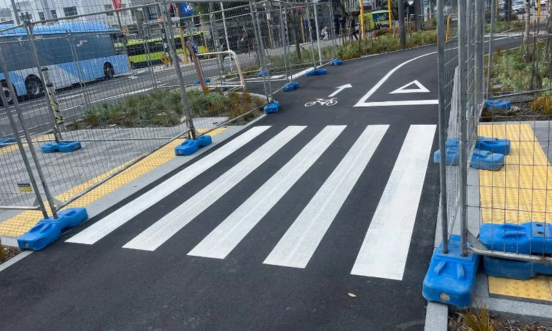 The markings of a zebra crossing on a cycleway.