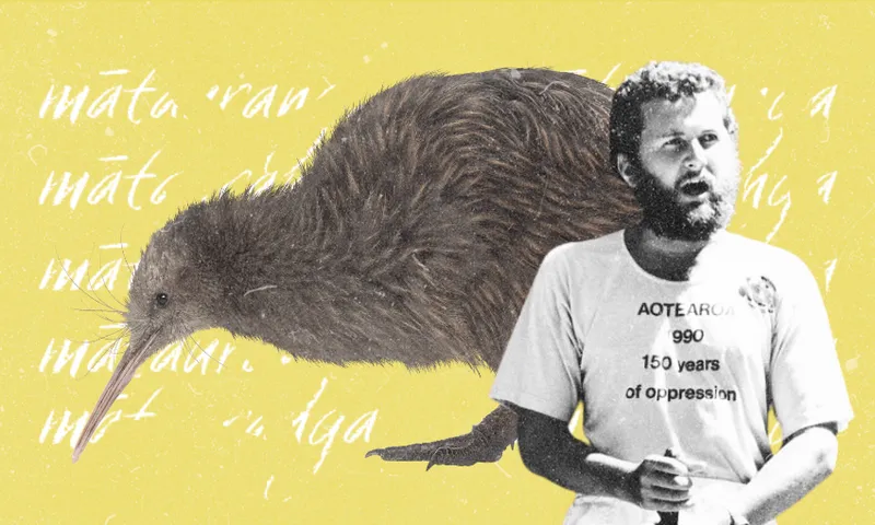 A kiwi bird stands next to a bearded person in a "AOTEAROA 1990 150 years of oppression" T-shirt, with handwritten white text on a yellow background.