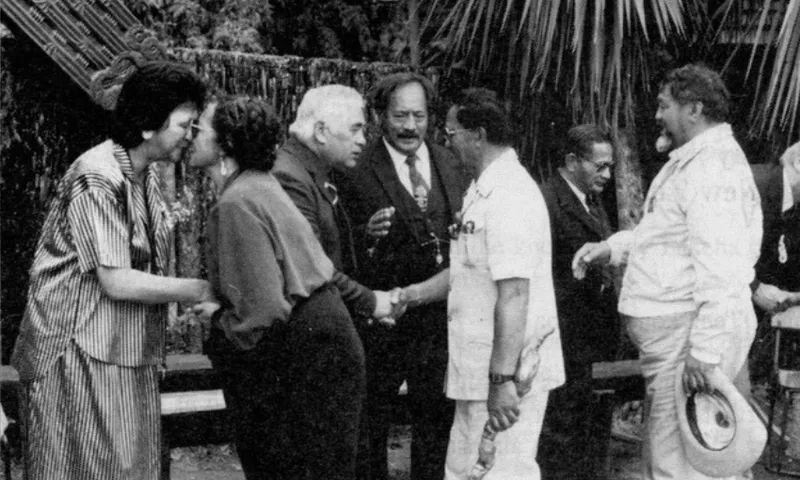 A group of people greet each other outdoors. Some shake hands, while others exchange cheek kisses. Most are dressed formally, and there are trees and a fence in the background.