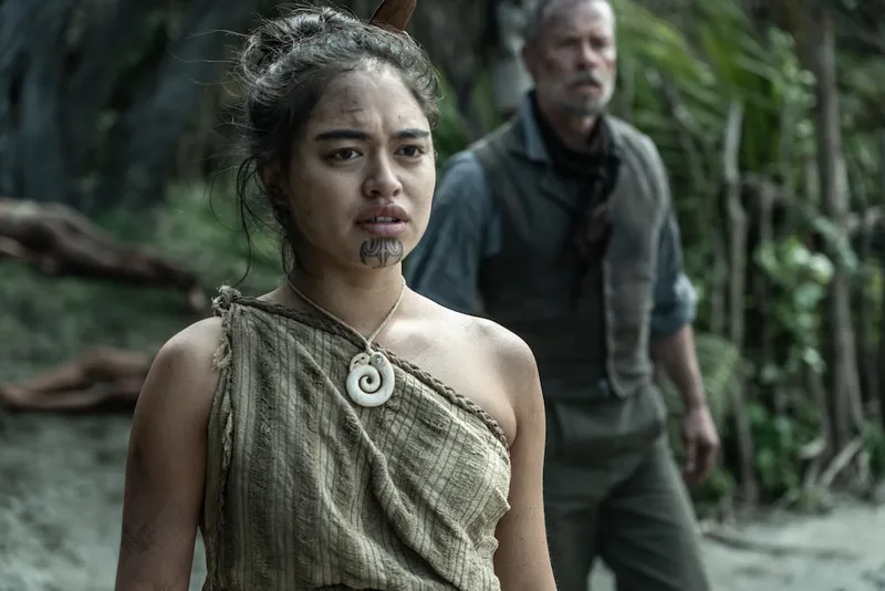 Tioreore Ngatai-Melbourne on-set, with Pearce behind her.