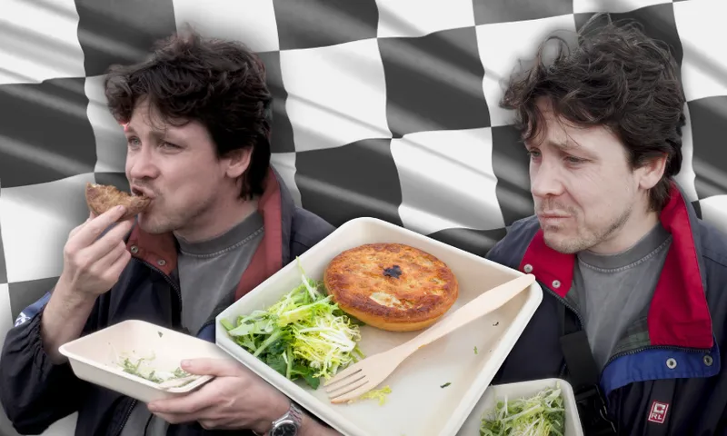 A collage with a checkered flag as the background and two images of a man in a jacket eating a pie with distressed expressions on his face