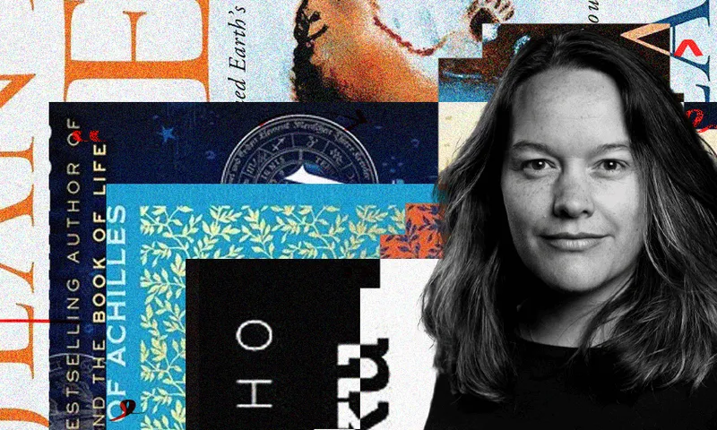 A black and white photo of Amber Cureen who is Māori and has long brown hair. Behind her is a collage of book covers.
