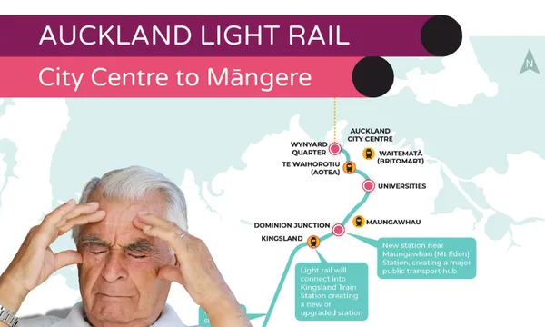 An older man holds his head in frustration in front of a map showing the Auckland Light Rail route from City Centre to Māngere, highlighting key stations and a new transport hub at Maungawhau (Mt Eden).