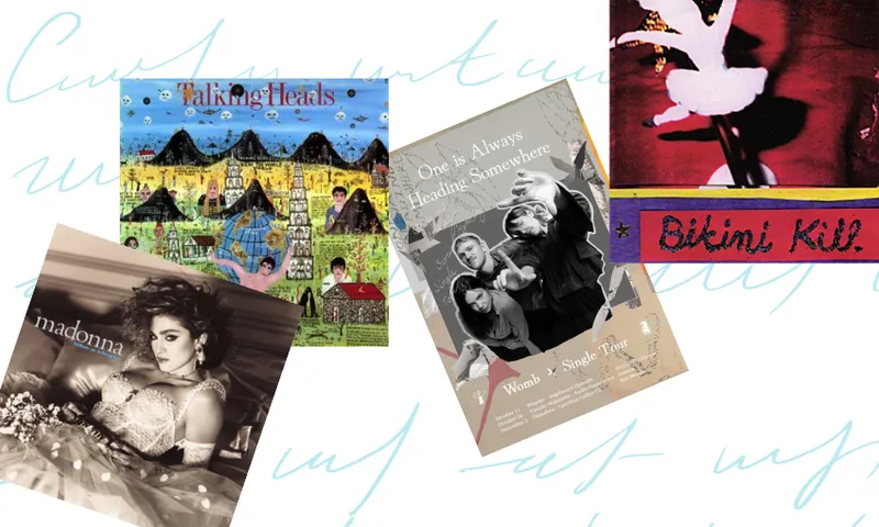 Four album covers arranged on the page: Madonna, Talking Heads, Womb and Bikini Kill. Behind them is cursive writing.