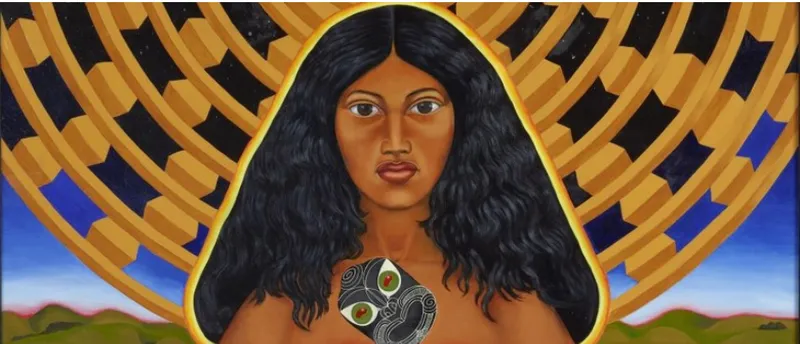 A painting of a young Māori woman with a heitiki at her chest and a pattern behind her head, with land in the background. The painting is by Robyn Kahukiwa.