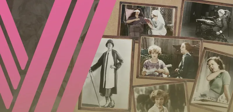A collage of historic sepia photographs of people in various poses. A pink V shape is overlaid over the left side.