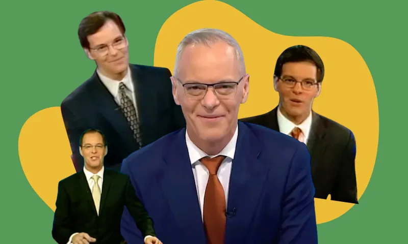 A collage of pictures of newsreader Simon Dallow during his career with TVNZ
