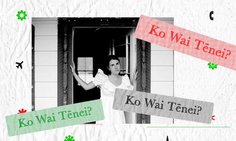 A woman in a white dress stands in a doorway. Overlaid are three colored boxes with the Māori phrase "Ko Wai Tēnei?" in red, green, and gray. The background features abstract patterns and small flower illustrations.