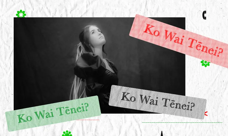 A black-and-white photo of a woman in a formal dress looking upward, with “Ko Wai Tēnei?” written in red, green, and gray text boxes layered over the image.