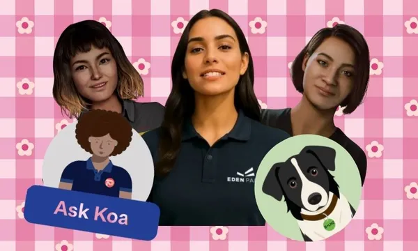 A pink gingham background with a collage of uncanny AI women