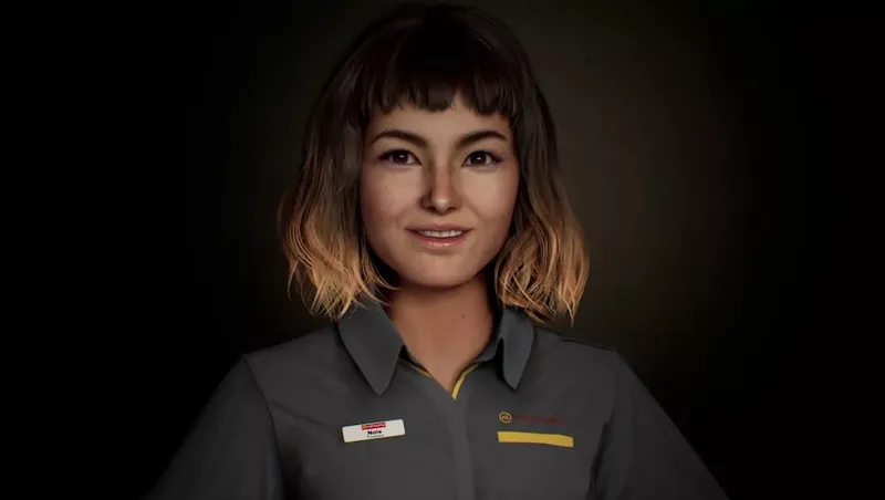 A black background with an AI woman in a Noel Leeming shirt