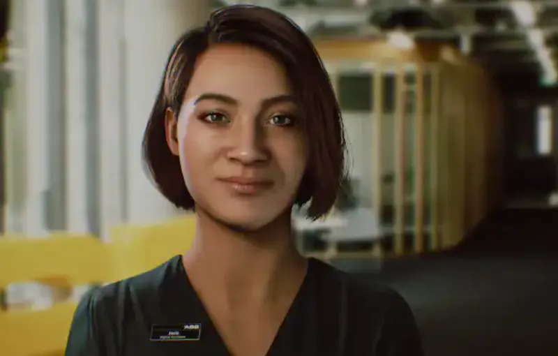 An AI woman with a sharp bob stands in a digital rendering of an office