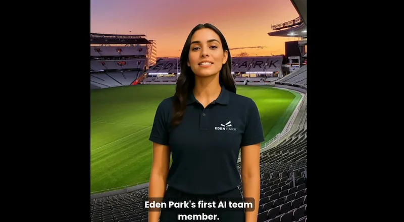An AI woman in a polo shirt stands in front of a digital rendering of Eden Park