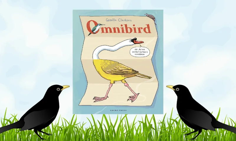 The cover of the book Omnibird which shows an illustrated bird with different breeds: a swan head, canary body and flightless bird legs. Beside it are two blackbirds, one on each side. Grass is below and above is blue sky.