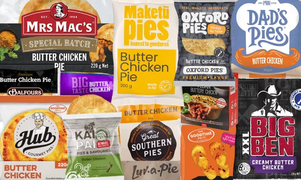 A collage of various packaged butter chicken pies from different brands, showcasing colorful labels, branding, and images of the pies, emphasizing the butter chicken flavor.