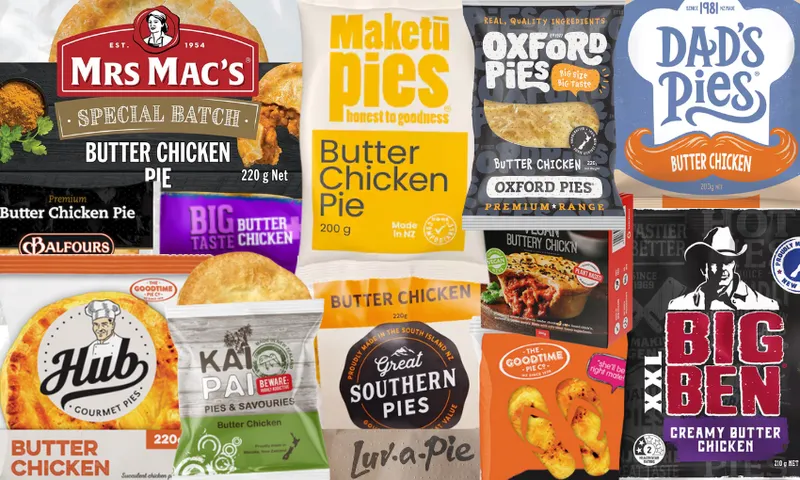 A collage of various packaged butter chicken pies from different brands, showcasing colorful labels, branding, and images of the pies, emphasizing the butter chicken flavor.