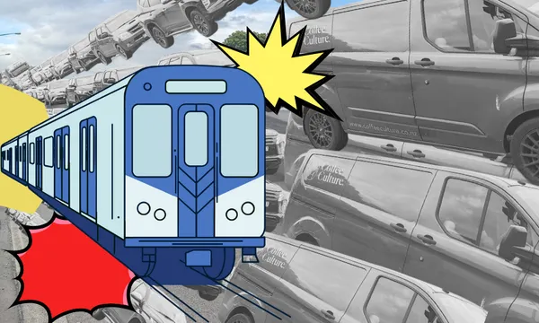 lines of grey cars and a comic book style train breaking through them