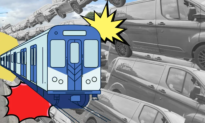 lines of grey cars and a comic book style train breaking through them