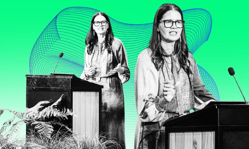 A women stands at two separate podiums, appearing to debate or give speeches, against a bright green background with abstract blue lines. Both wear glasses and similar outfits, with plants in the foreground.